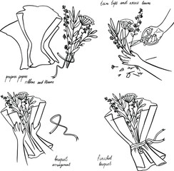  Creating a gift bouquet . Step by step instructions for composing a bouquet. Making a bouquet. Doodle. Vector illustration on a white background. 