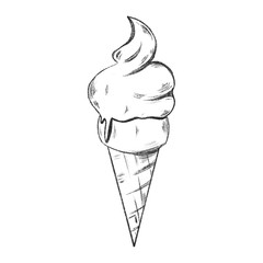 Ice cream in a waffle cup with one ball. Cute pencil sketch digital art. Print for stickers, menus, cards, restaurants, invitations, fabrics, banners, posters.