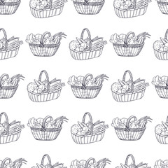 Hand drawn basket with vegetables. Vector  seamless pattern.