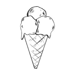 Ice cream in a waffle cup with three balls. Cute pencil sketch digital art. Print for stickers, menus, cards, restaurants, invitations, fabrics, banners, posters.