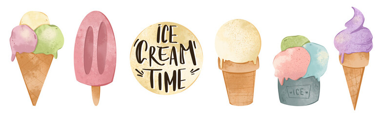 Ice cream in a waffle cup with three balls set and lettering. Cute textural digital art. Print for stickers, menus, cards, restaurants, invitations, fabrics, banners, posters.