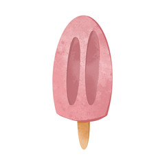 Pink ice cream on a wooden stick. Cute textural digital art. Print for stickers, menus, cards, restaurants, invitations, fabrics, banners, posters.