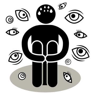 Scopophobia or scoptophobia. A man is afraid of being seen or stared at by others. Eyes Many Views. Silhouette Afraided man. Can be used as logo, icon, sticker, sign, etc.
