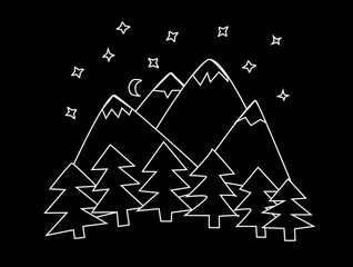 Outline of forest and mountains on black background. Night sky with stars and moon. Illustration.