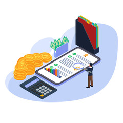 Man using magnifying glass to do finance monitoring. Male with mobile phone, money, coins, documents, calculator. Isometric online finance monitoring illustration concept. Vector