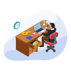 Businessman create analysis chart at laptop. Male with workspace desk, books, clock, business tools. Isometric coworker illustration activity. Vector