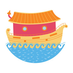 Horizontal wooden ark. Boat ship with a house roof. Vector editable illustration