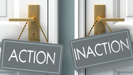 inaction or action as a choice in life - pictured as words action, inaction on doors to show that action and inaction are different options to choose from, 3d illustration