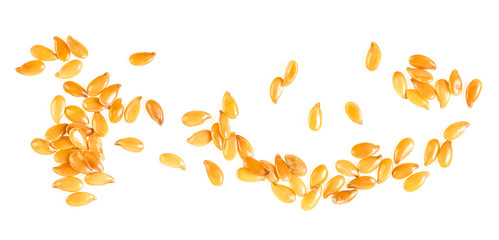 Linseeds - Yellow flax seeds isolated on a white background, top view. - obrazy, fototapety, plakaty