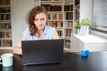Fototapeta na wymiar happy woman working on laptop in home office