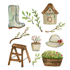 Watercolor illustration of a set of garden items hat, birdhouse, stepladder, flower pot, tree branches, rubber boots. Hand-drawn with watercolors and is suitable for all types of design and printing.