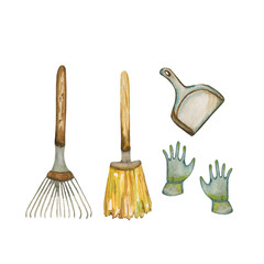 Watercolor illustration of a set of rake, broom, rubber gloves, scoops. Hand-drawn with watercolors and is suitable for all types of design and printing.