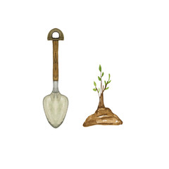 Watercolor illustration of a set of spade and a growing tree. Hand-drawn with watercolors and is suitable for all types of design and printing.