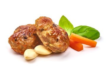 Homemade baked pork meatballs, isolated on white background