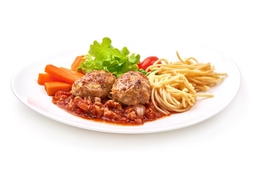 Baked Meatballs with spaghetti and tomato sauce, isolated on white background