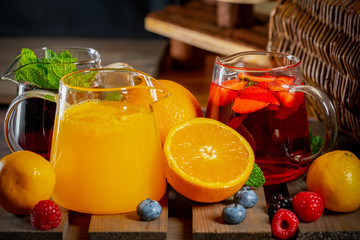 Freshly made fruit juice, oranges and strawberries