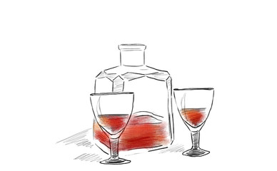 Illustration of a decanter with cognac and two glasses filled. Drawing with colored pencils on a white background