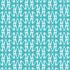 Aqua abstract seamless pattern created with symmetry and small letter R. Curvy lattice vector illustration background.
