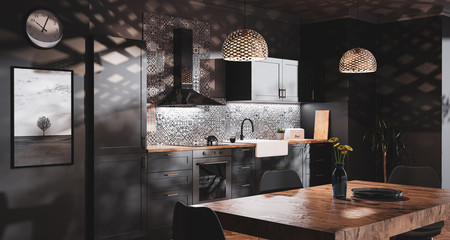 Scandinavian style black kitchen with patterned tiles and bedroom