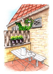Watercolor hand drawn sketch of cozy porch at Danish house. Can be used as postcard or illustration.