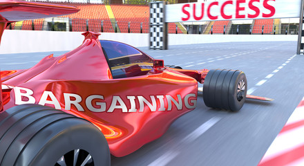 Naklejka premium Bargaining and success - pictured as word Bargaining and a f1 car, to symbolize that Bargaining can help achieving success and prosperity in life and business, 3d illustration