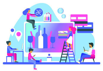 web template for wine business with computer screen, wine bottles and glasses, persons ordering win online through mobile devises. red cards, coins and geographic signs - flat vector illustration