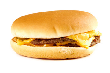 a fresh tasty cheeseburger or burger with fries stack isolated on a white background. fast food.