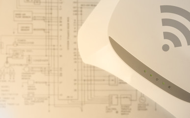 Topical Internet and Network Technology: top view of Wireless Internet router modem over network...