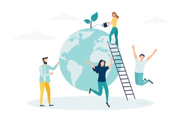 Earth Day Man Save Green Planet Environment. People of World Water Plant for Ecology Celebration Preparation in April. Nature Globe Ecology Protect Concept Flat Cartoon Vector Illustration