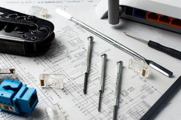 Tools for the design of data networks. network cable terminal, Hand Tool Crimper Network, marker and rule on structured wiring diagram utp cable installation. Connection for data network. 