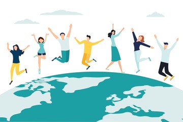 Happy people who dance on planet Earth. Vector.