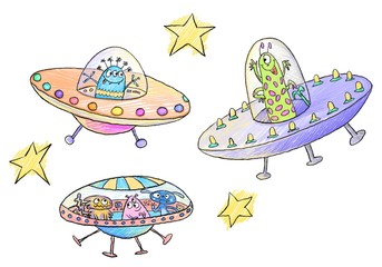 Hand drawn funny cartoon illustration of aliens on a spaceships flying in space. UFO drawing isolated on a white background. 

