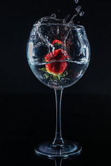 Strawberries glass water, great design for any purposes. Sweet food. Fresh natural strawberry isolated. Healthy breakfast. Liquid splash bubble.