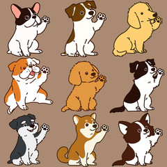 Set of outlined dogs sitting and shaking hand illustrations