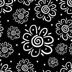 Beautiful white contour flowers isolated on black background. Floral seamless pattern. Hand drawn vector graphic illustration. Texture.