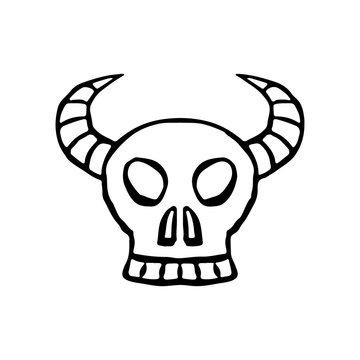 Skull with horns icon. Front view. Contour ink drawing. Hand drawn vector graphic illustration. Isolated object on a white background. Isolate.