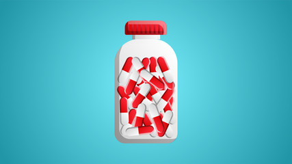 Medical white plastic jar for tablets and pills with red and white oval capsules with medicines for the treatment of diseases on a blue background