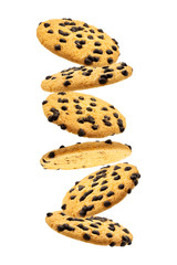 Falling chocolate chip cookies isolated on white background