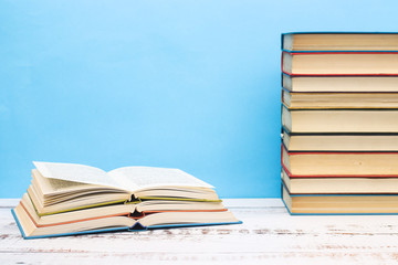Pile of different books on the table 
