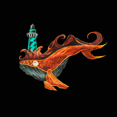 fiery whale fantastic with a lighthouse, a ship and waves on the back