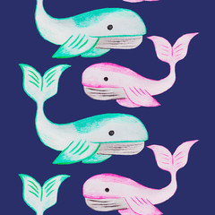 blue and pink whale, girl and boy, a couple live in the seas and oceans, big fish,seamless