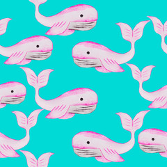 Fototapeta na wymiar pink whale, a girl lives in the seas and oceans, big fish.seamless