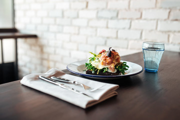 Rye toast with poached egg and salmon