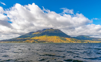Fototapeta na wymiar Landscape of the San Pablo Lake with the Imbabura volcano in the north of Quito, Ecuador.