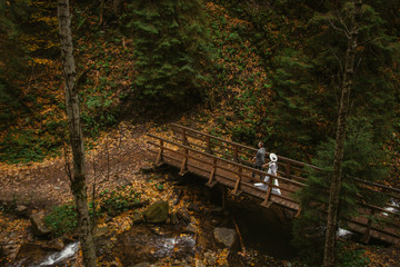 Fototapeta na wymiar bride and groom walk on a bridge over a river in a mountain forest. mountain wedding