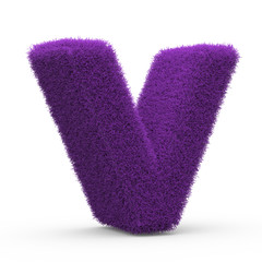 Uppercase V fluffy and furry letter, 3D rendering isolated on white background