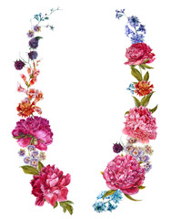 Watercolor burgundy peonies, natural dark pink peonies flower