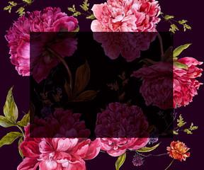 Watercolor burgundy peonies, natural dark pink peonies flower