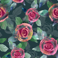 Roses Seamless Pattern. Watercolor Background.