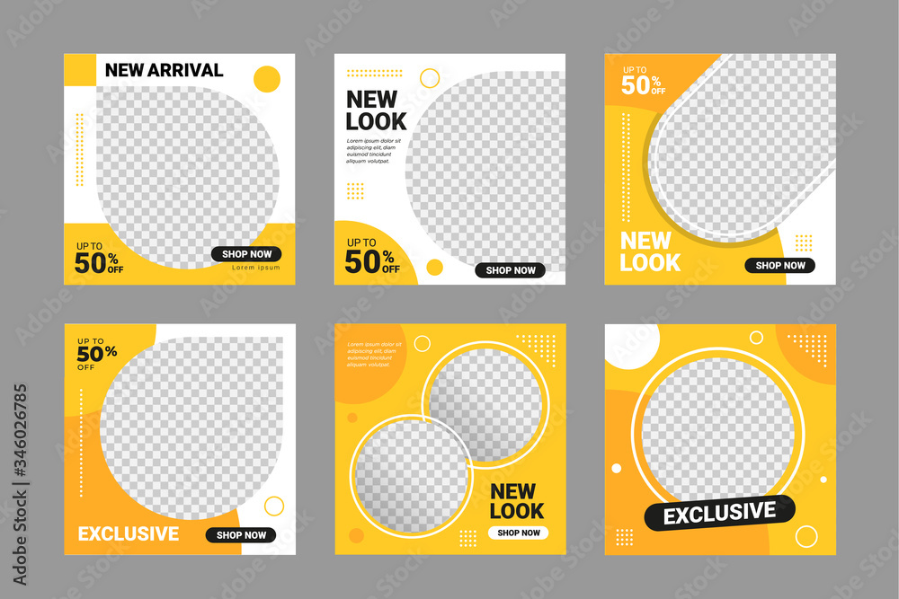 Canvas Prints set of editable square banner template. black and yellow background color with stripe line shape. su